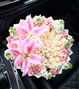 50 White Roses & Oriental Lillies