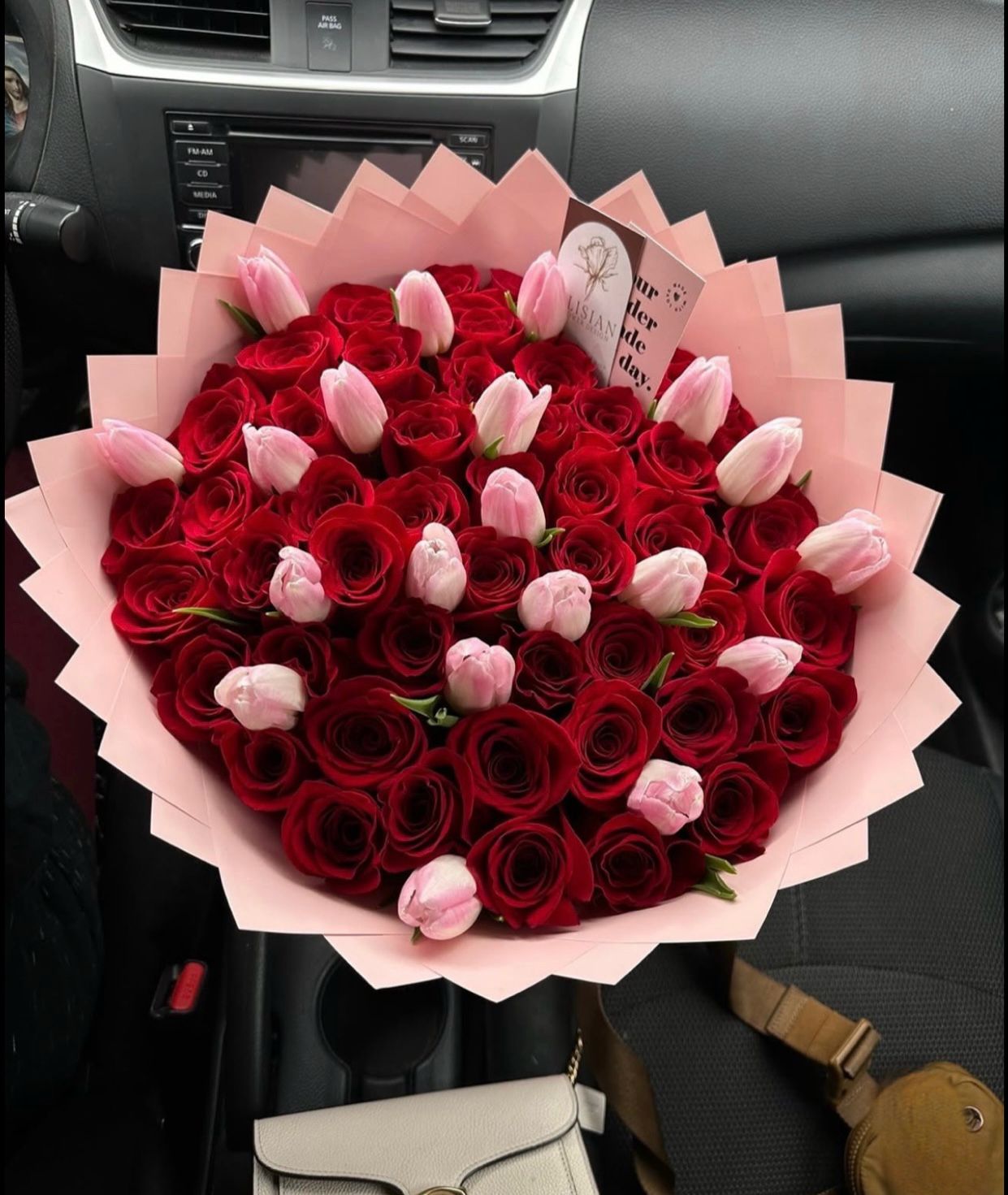 Bouquet 50 Red Roses & 20 Pink Tulips